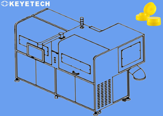 Машина визуального контроля пластиковых крышек из полипропилена (PP) отбраковывает изделия с черными пятнами и дефектами вспышки